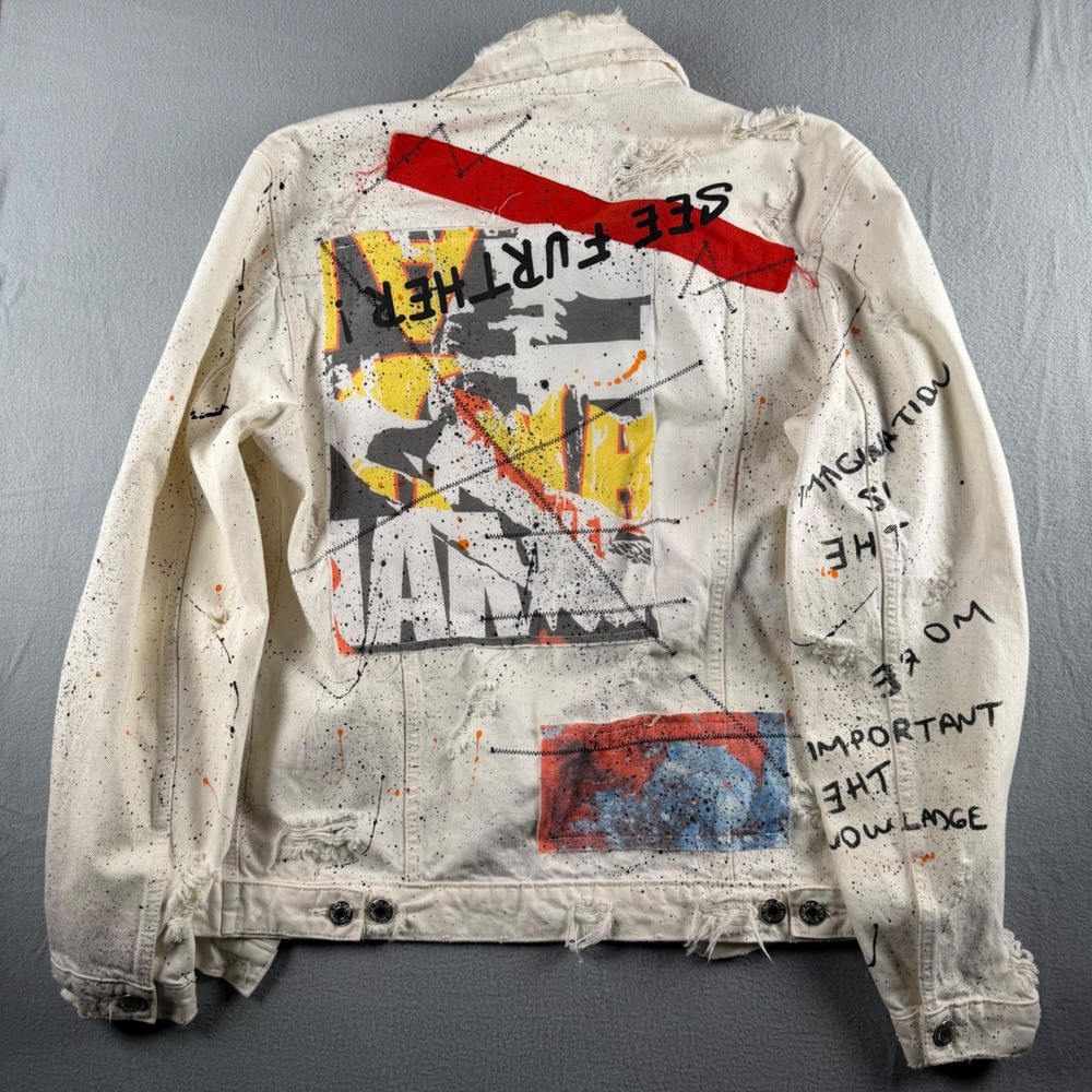 Zara Man Distressed Paint Splatter Graphic Denim Jacket Off White Mens Large